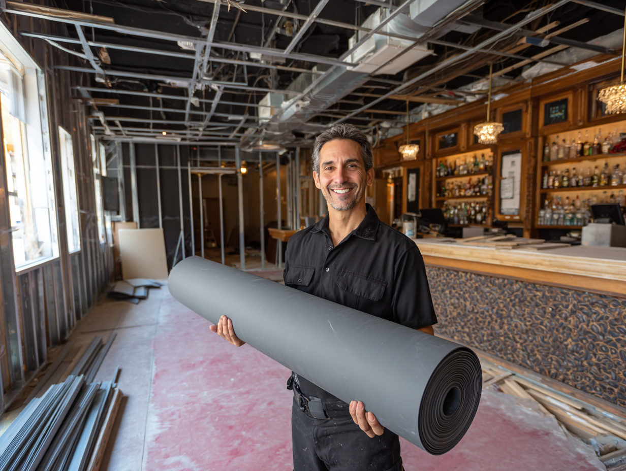 Installer holding a roll of Mass Loaded Vinyl in a partially renovated bar space